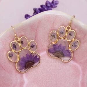 Precious Paw Gold Earrings Purple Dried Flower